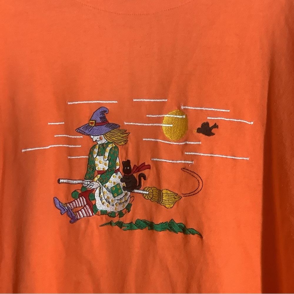 90’s Halloween Shirt SZ L Embroidered Witch Broom Cat Orange Long Sleeve Tunic